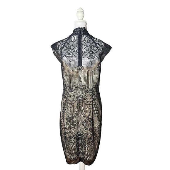 Black Intricate Lace Nude Lining Mock Neck Zipper Back Large Semi Formal Dress - Picture 2 of 7